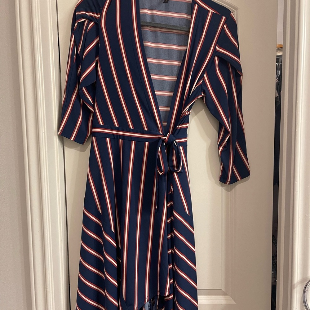 BCBGMaxAzria Navy and Pink Striped High Low Dress